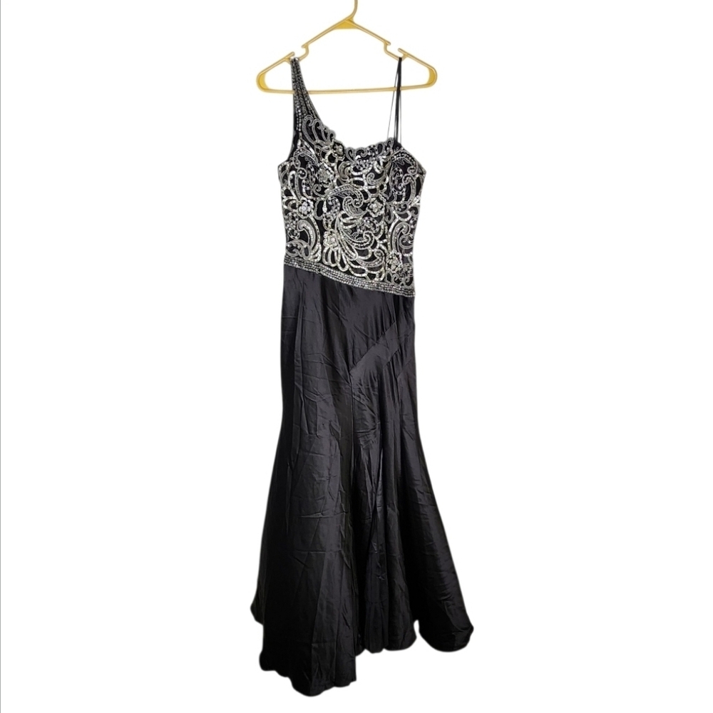 Tiffany Designs Black & Silver Jeweled Bodice Satin Mermaid Formal Dress 10